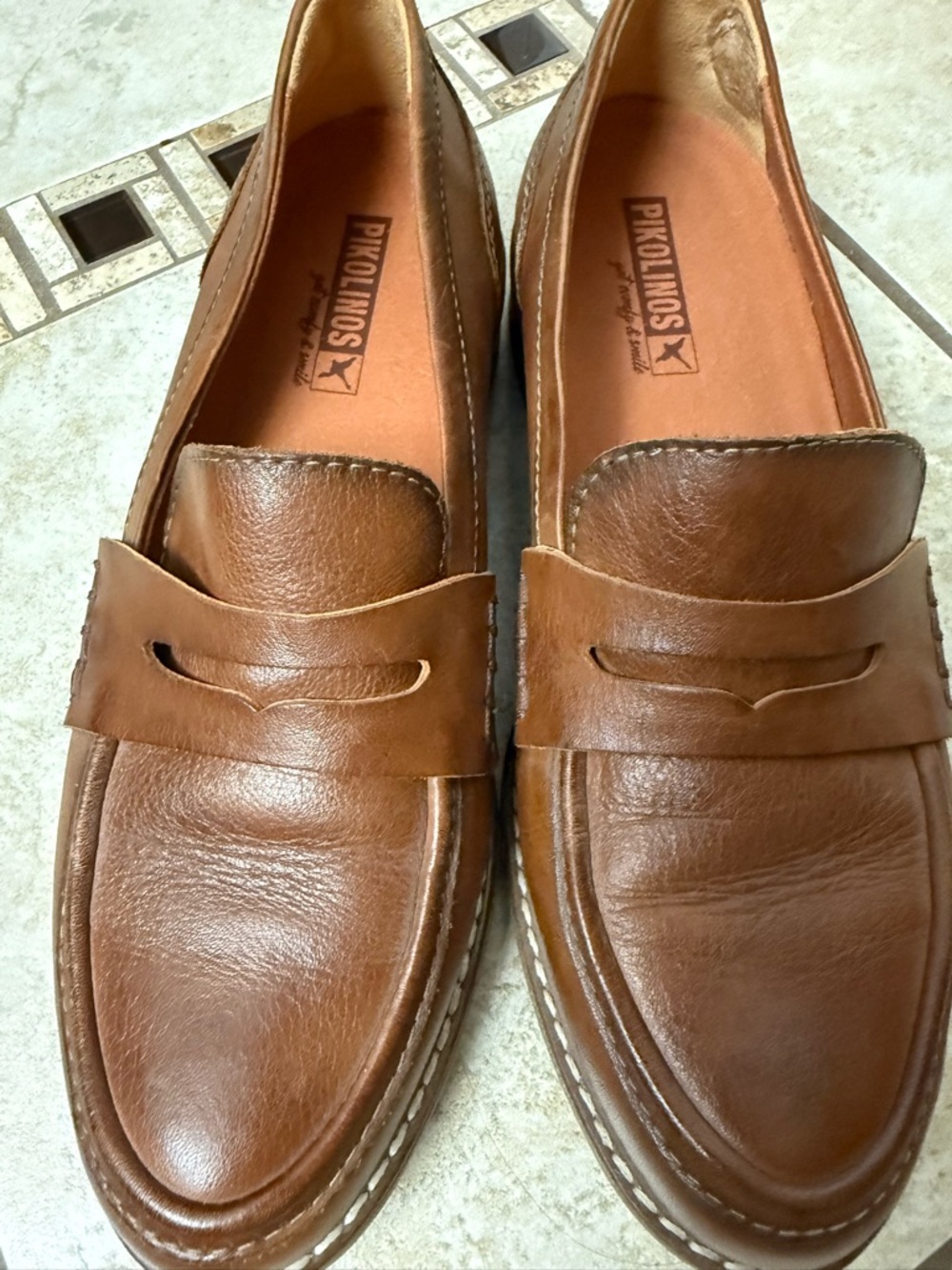 PIKOLINOS Tan Leather Penny Loafers for Women